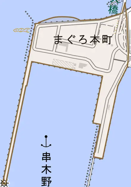 まぐろ本町とその周辺の地図。町の範囲を重ねている