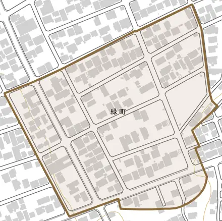 緑町とその周辺の地図。町の範囲を重ねている