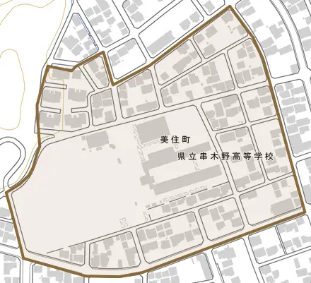 美住町とその周辺の地図。町の範囲を重ねている
