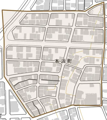 本浜町とその周辺の地図。町の範囲を重ねている