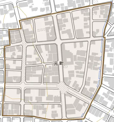 元町とその周辺の地図。町の範囲を重ねている