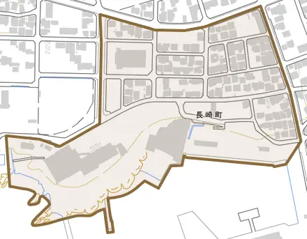 長崎町とその周辺の地図。町の範囲を重ねている