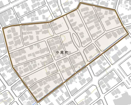 中尾町とその周辺の地図。町の範囲を重ねている