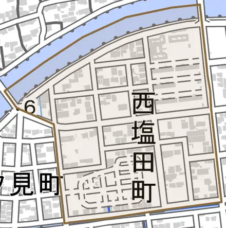 西塩田町とその周辺の地図。町の範囲を重ねている
