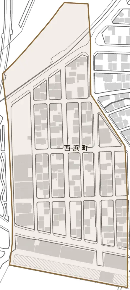 西浜町とその周辺の地図。町の範囲を重ねている