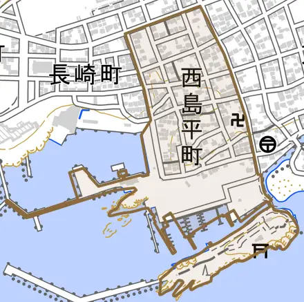 西島平町とその周辺の地図。町の範囲を重ねている