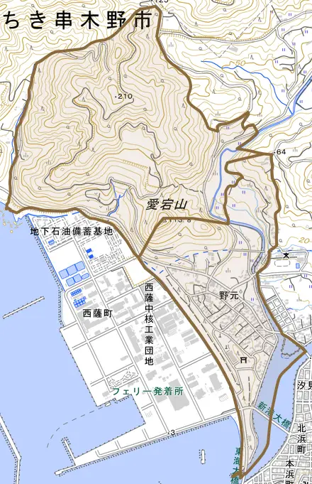 野元とその周辺の地図。町の範囲を重ねている
