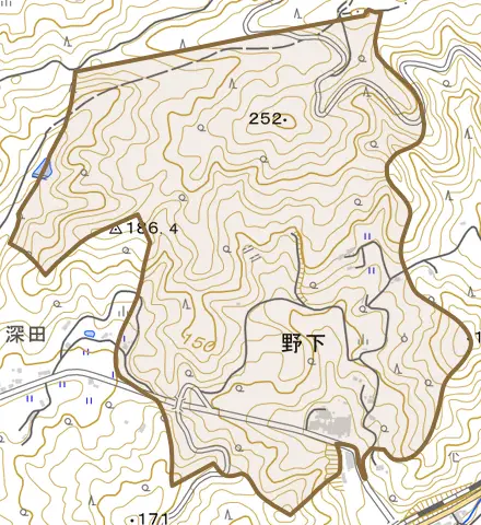 野下とその周辺の地図。町の範囲を重ねている