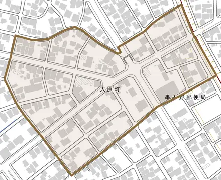 大原町とその周辺の地図。町の範囲を重ねている