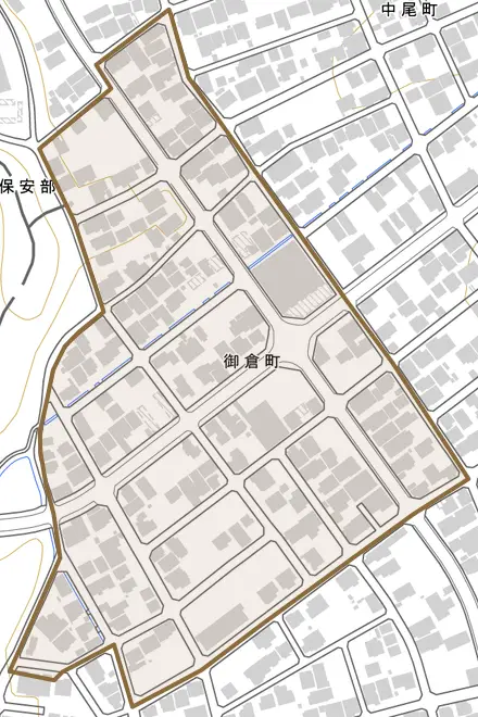 御倉町とその周辺の地図。町の範囲を重ねている