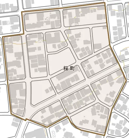 桜町とその周辺の地図。町の範囲を重ねている