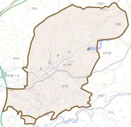 生福とその周辺の地図。町の範囲を重ねている