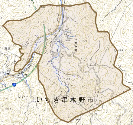 芹ケ野とその周辺の地図。町の範囲を重ねている