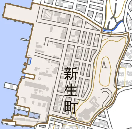 新生町とその周辺の地図。町の範囲を重ねている
