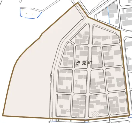 汐見町とその周辺の地図。町の範囲を重ねている