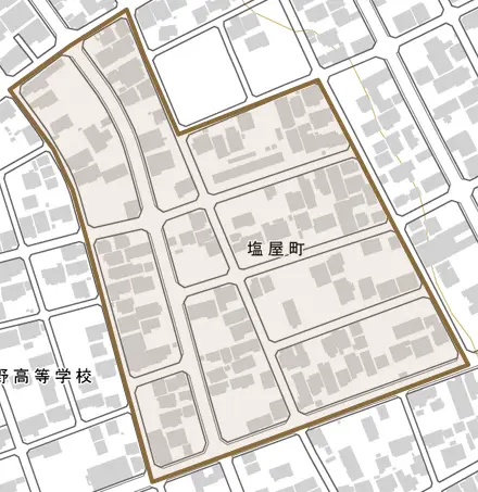塩屋町とその周辺の地図。町の範囲を重ねている