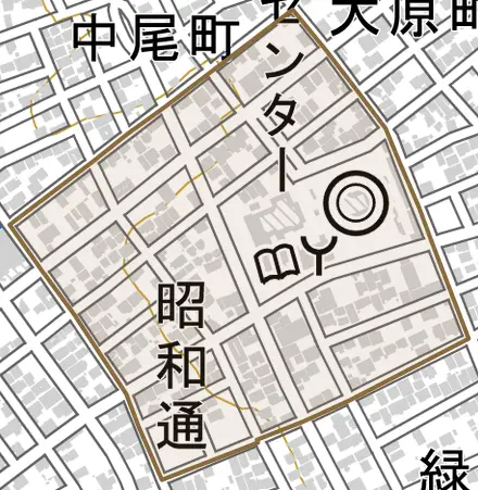 昭和通とその周辺の地図。町の範囲を重ねている