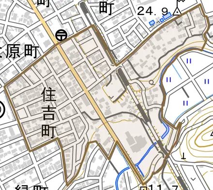 住吉町とその周辺の地図。町の範囲を重ねている