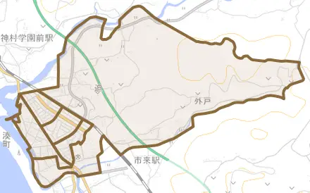 湊町とその周辺の地図。町の範囲を重ねている