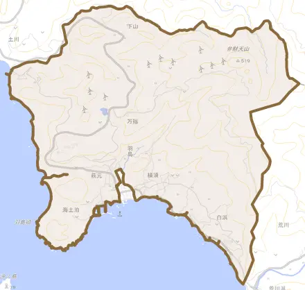 羽島とその周辺の地図。町の範囲を重ねている