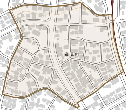 高見町とその周辺の地図。町の範囲を重ねている