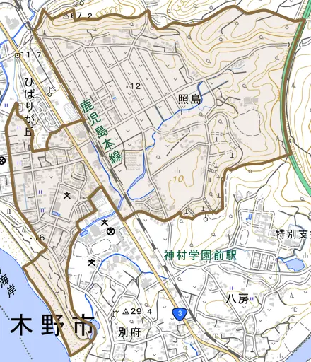 照島とその周辺の地図。町の範囲を重ねている