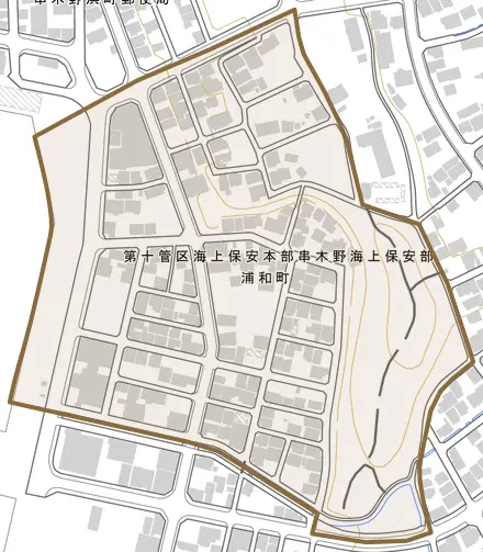 浦和町とその周辺の地図。町の範囲を重ねている