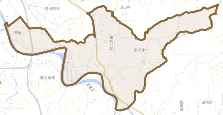 菱刈川北とその周辺の地図。町の範囲を重ねている