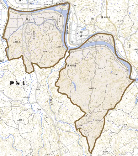 菱刈川南とその周辺の地図。町の範囲を重ねている