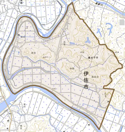 菱刈下手とその周辺の地図。町の範囲を重ねている
