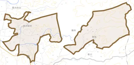 菱刈田中とその周辺の地図。町の範囲を重ねている