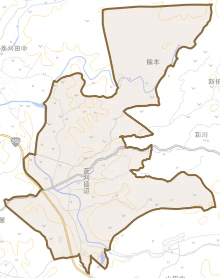 菱刈徳辺とその周辺の地図。町の範囲を重ねている