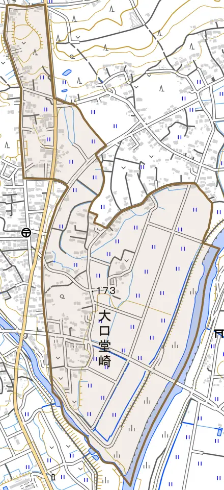 大口堂崎とその周辺の地図。町の範囲を重ねている