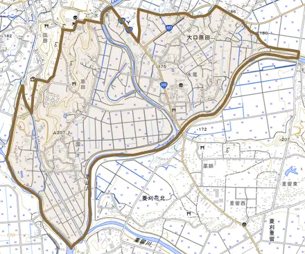 大口原田とその周辺の地図。町の範囲を重ねている