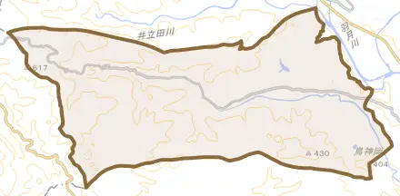 大口平出水とその周辺の地図。町の範囲を重ねている