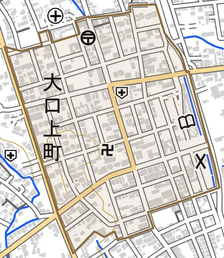 大口上町とその周辺の地図。町の範囲を重ねている