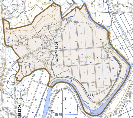 大口金波田とその周辺の地図。町の範囲を重ねている