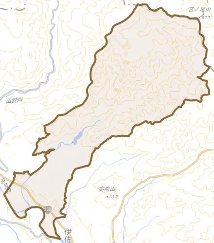 大口小木原とその周辺の地図。町の範囲を重ねている