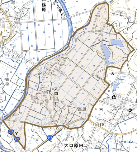 大口目丸とその周辺の地図。町の範囲を重ねている