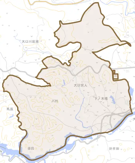 大口宮人とその周辺の地図。町の範囲を重ねている