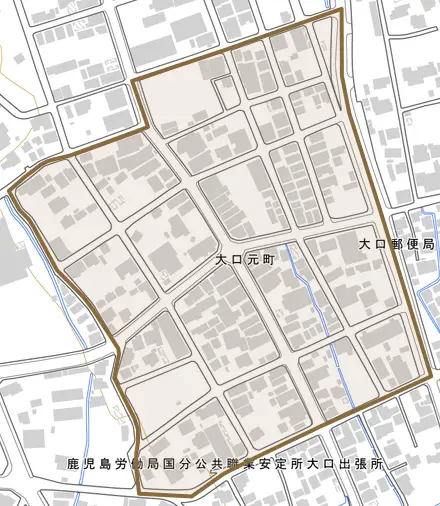 大口元町とその周辺の地図。町の範囲を重ねている