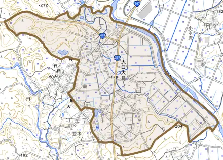 大口大島とその周辺の地図。町の範囲を重ねている