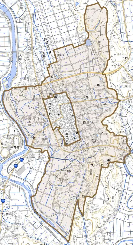 大口里とその周辺の地図。町の範囲を重ねている
