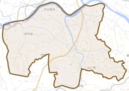 大口曽木とその周辺の地図。町の範囲を重ねている