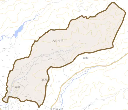 大口牛尾とその周辺の地図。町の範囲を重ねている