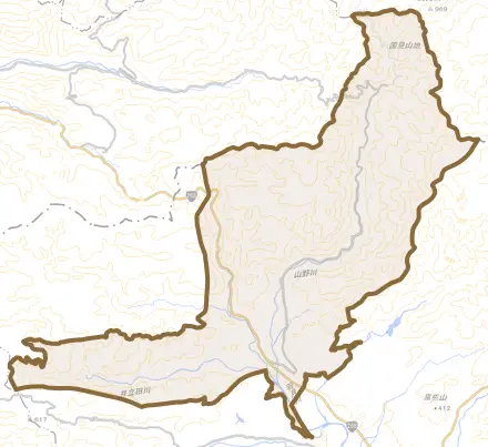 大口山野とその周辺の地図。町の範囲を重ねている