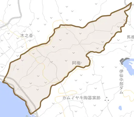 大字阿権とその周辺の地図。町の範囲を重ねている