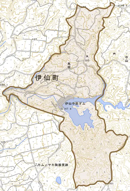大字馬根とその周辺の地図。町の範囲を重ねている
