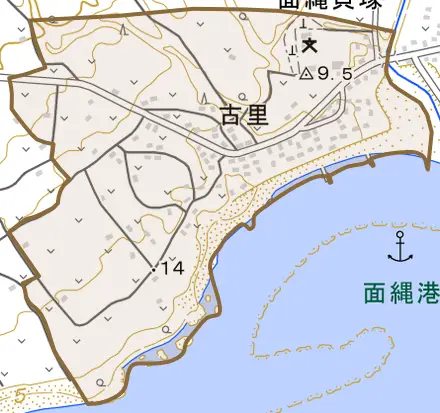 大字古里とその周辺の地図。町の範囲を重ねている