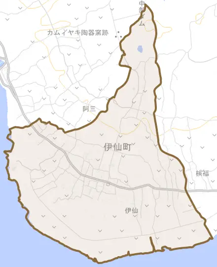 大字伊仙とその周辺の地図。町の範囲を重ねている